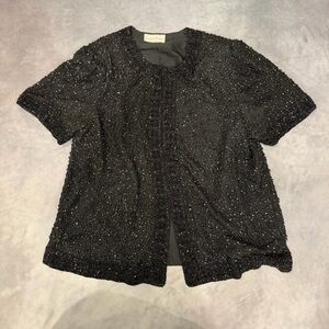 Laurence Kazar Black Beaded Short-Sleeve Evening Top